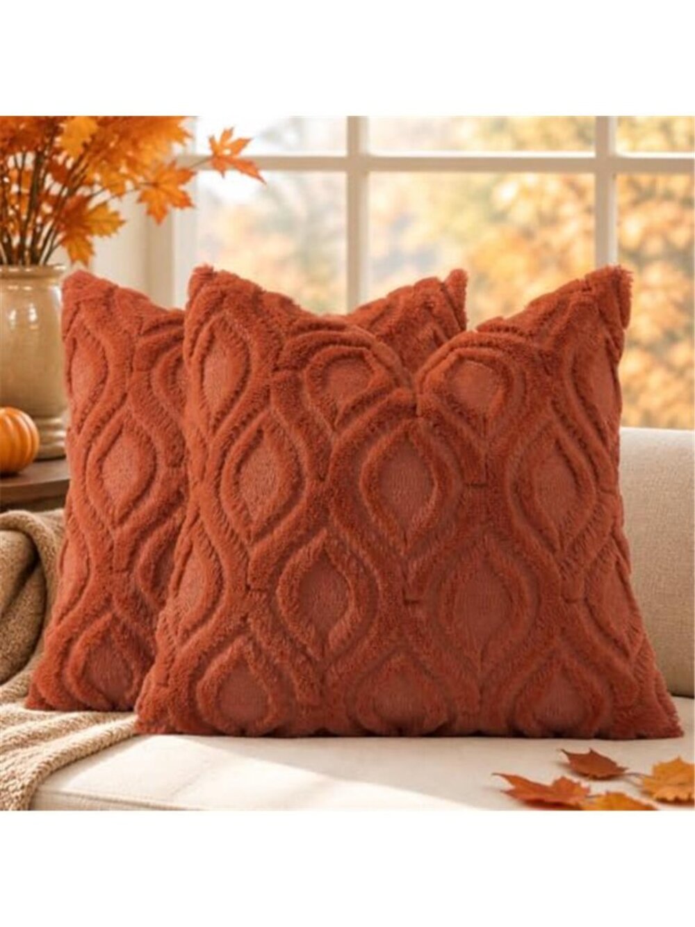 Faux Fur Plush Soft Rust Throw Pillow Covers 18x18 Set of 2